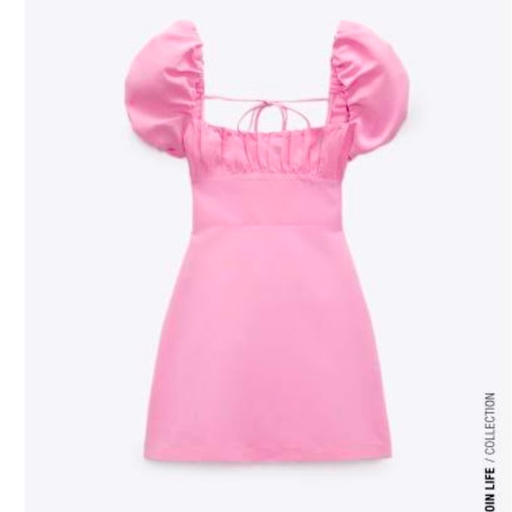 NWT Zara Pink Linen Tie Lace Back Puff Sleeve Mini Dress